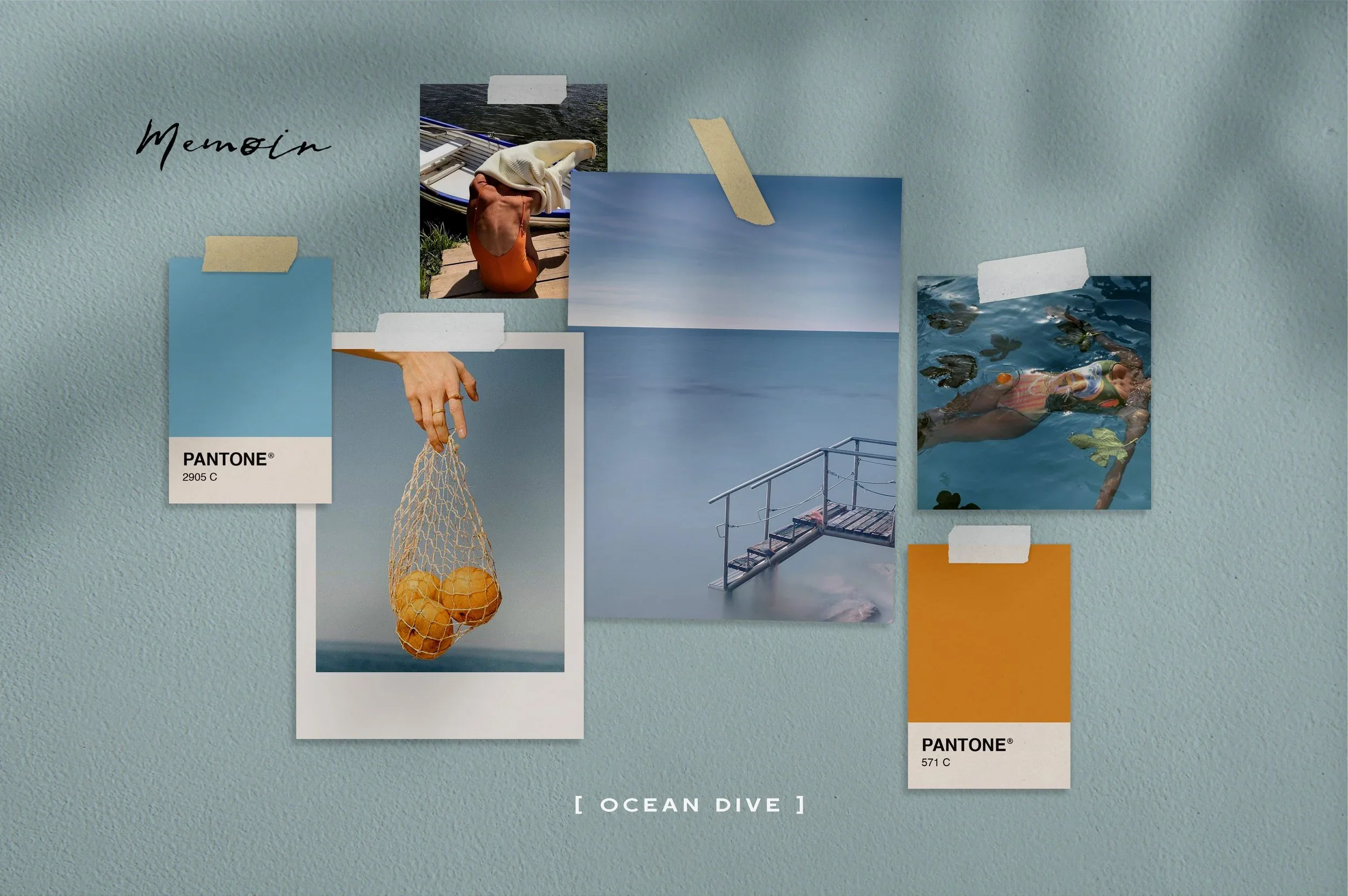 Collage of ocean and seaside photos with paper tape. Includes a sailboat, a person floating in the water, a hand holding a net of oranges, a staircase over water, a blue sky with clouds, and color swatches labeled 'Pantone 2905 C' and 'Pantone 571 C'.