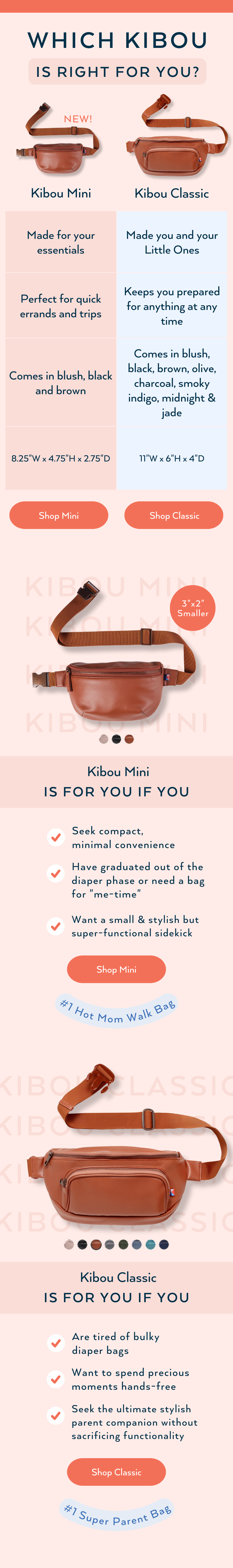 Comparison chart of Kibou Mini and Kibou Classic bags with descriptions and purchase options.