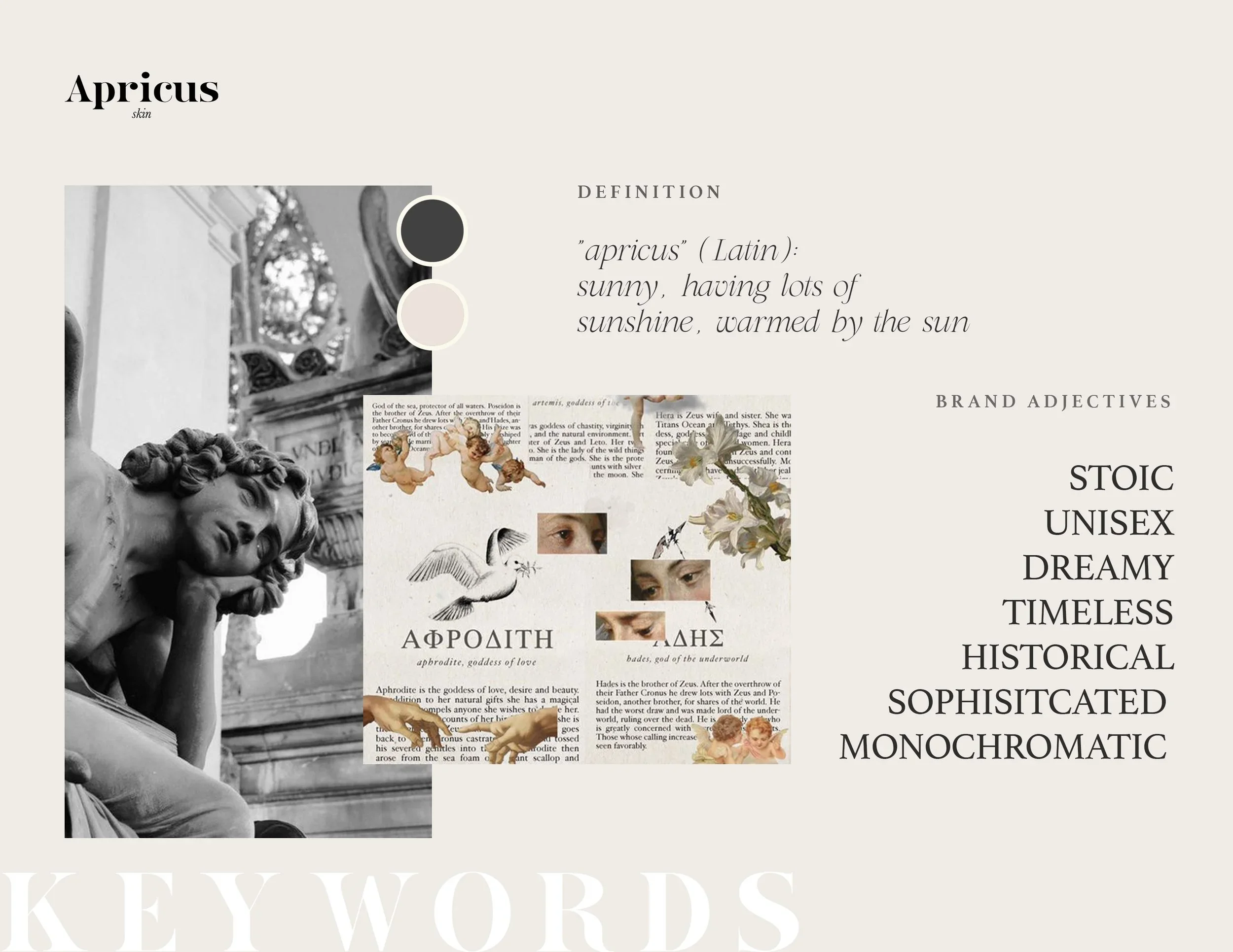 A collage of black and white and color images, text, and illustrations about the word 'apricus', including its definition as Latin for sunny and having lots of sunshine, along with images of statues, cherubs, flowers, and eyes, and words like timeless, historical, and sophisticated.
