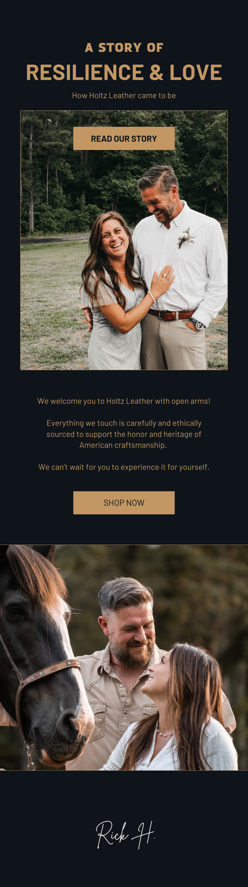 Promotional webpage for Holtz Leather featuring stories of resilience and love, with images of smiling couples outdoors, embracing, and interacting with a horse, promoting handcrafted American leather goods.