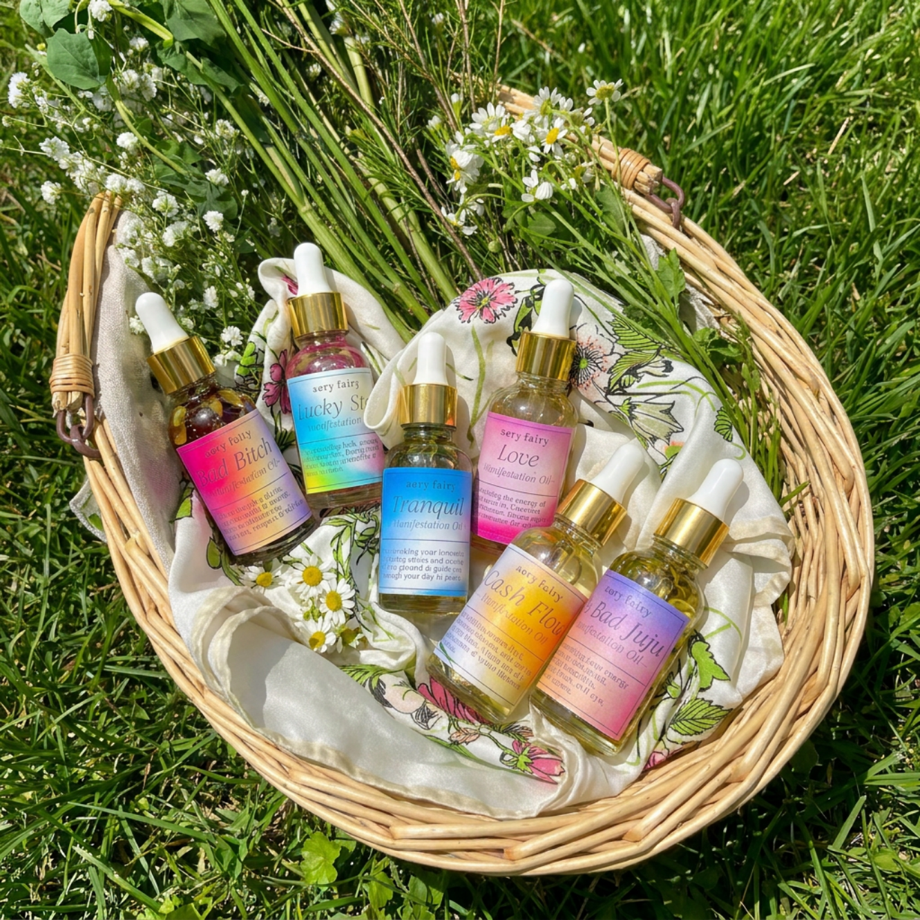 A wicker basket containing six small bottles of essential oils with droppers, labeled with names like 'Bad Bitch,' 'Lucky Star,' 'Love,' 'Tranquil,' 'Cash Flow,' and 'Bad Juju,' surrounded by white flowers and green grass.