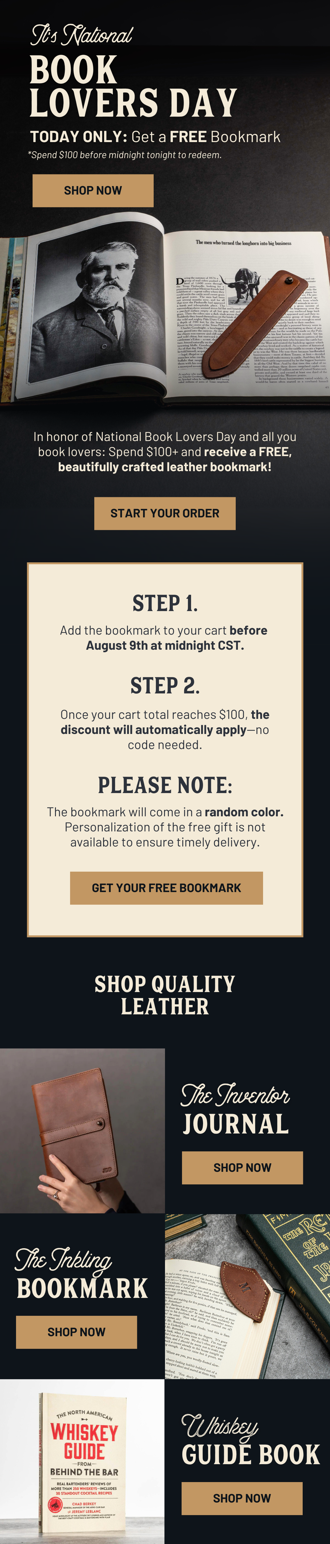 Promotion for National Book Lovers Day offering a free handcrafted leather bookmark with purchase of $100 or more. The image features an open book with a portrait of a man on the left page, and a leather bookmark placed on the right page. There are buttons labeled "Shop Now" and instructions to add the bookmark before midnight CST to qualify.