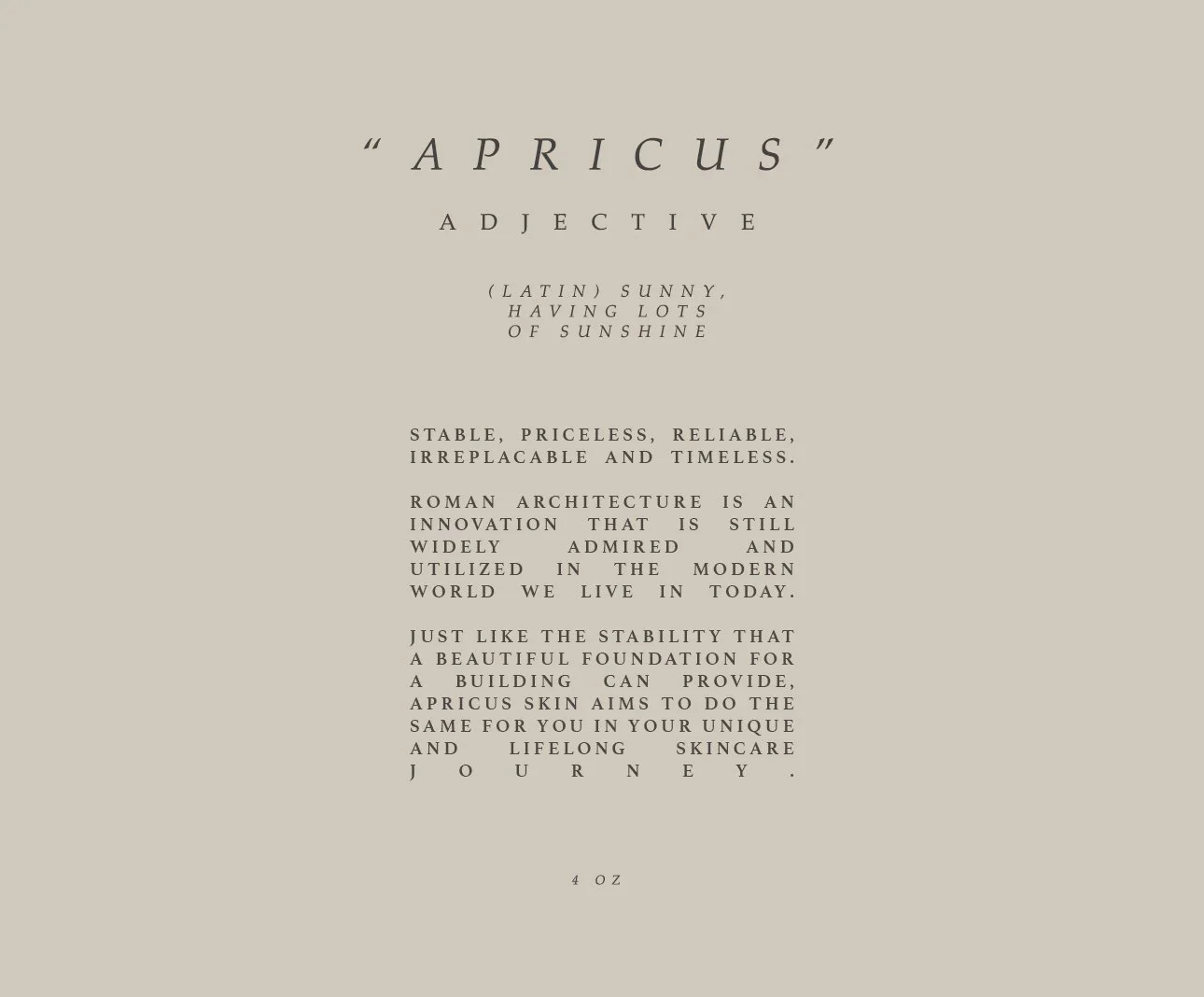 Text describing apricus as an adjective meaning sunny, having lots of sunshine, and related to Roman architecture.