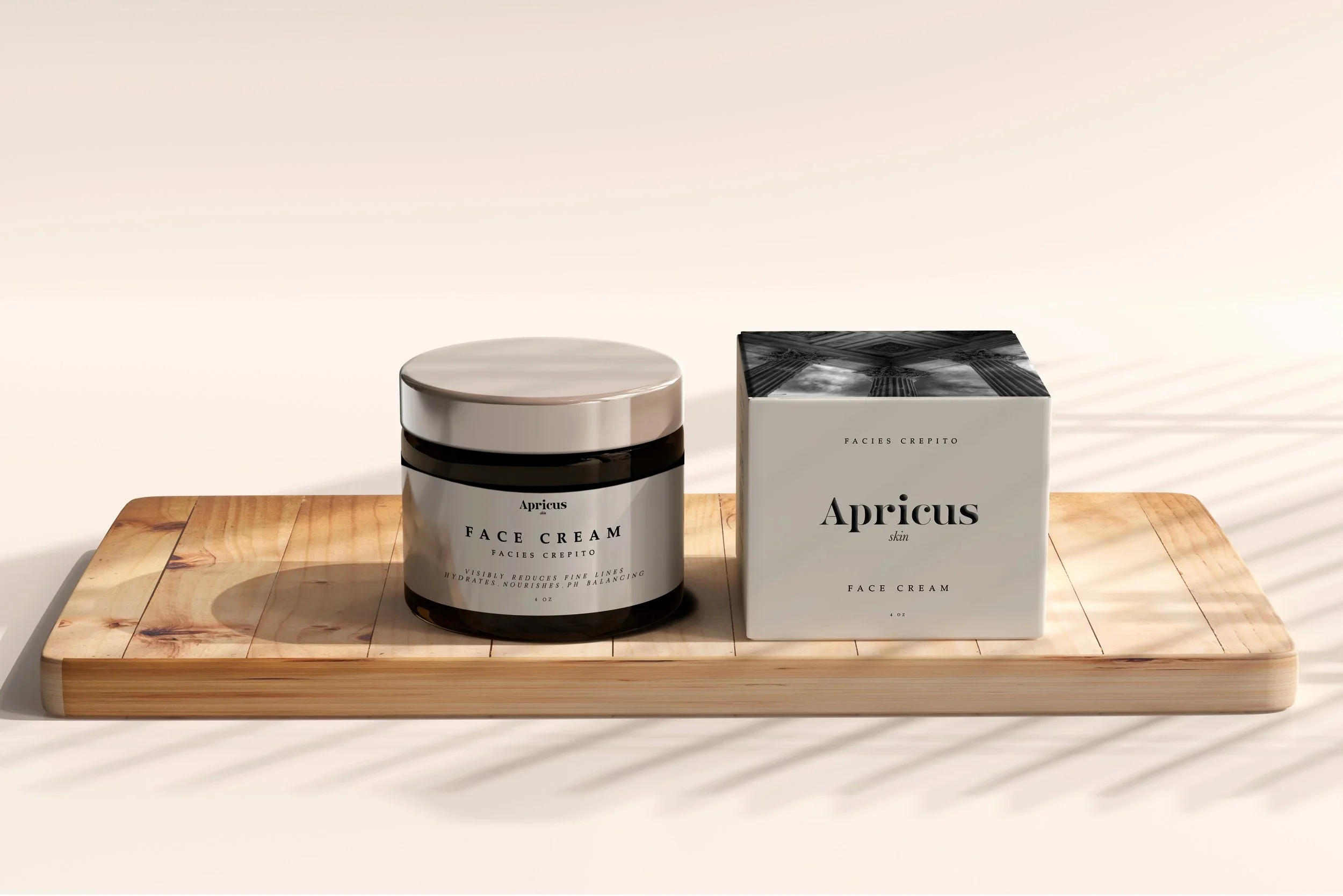 A container and a box of Apricus face cream placed on a wooden surface with shadows and light streaks.