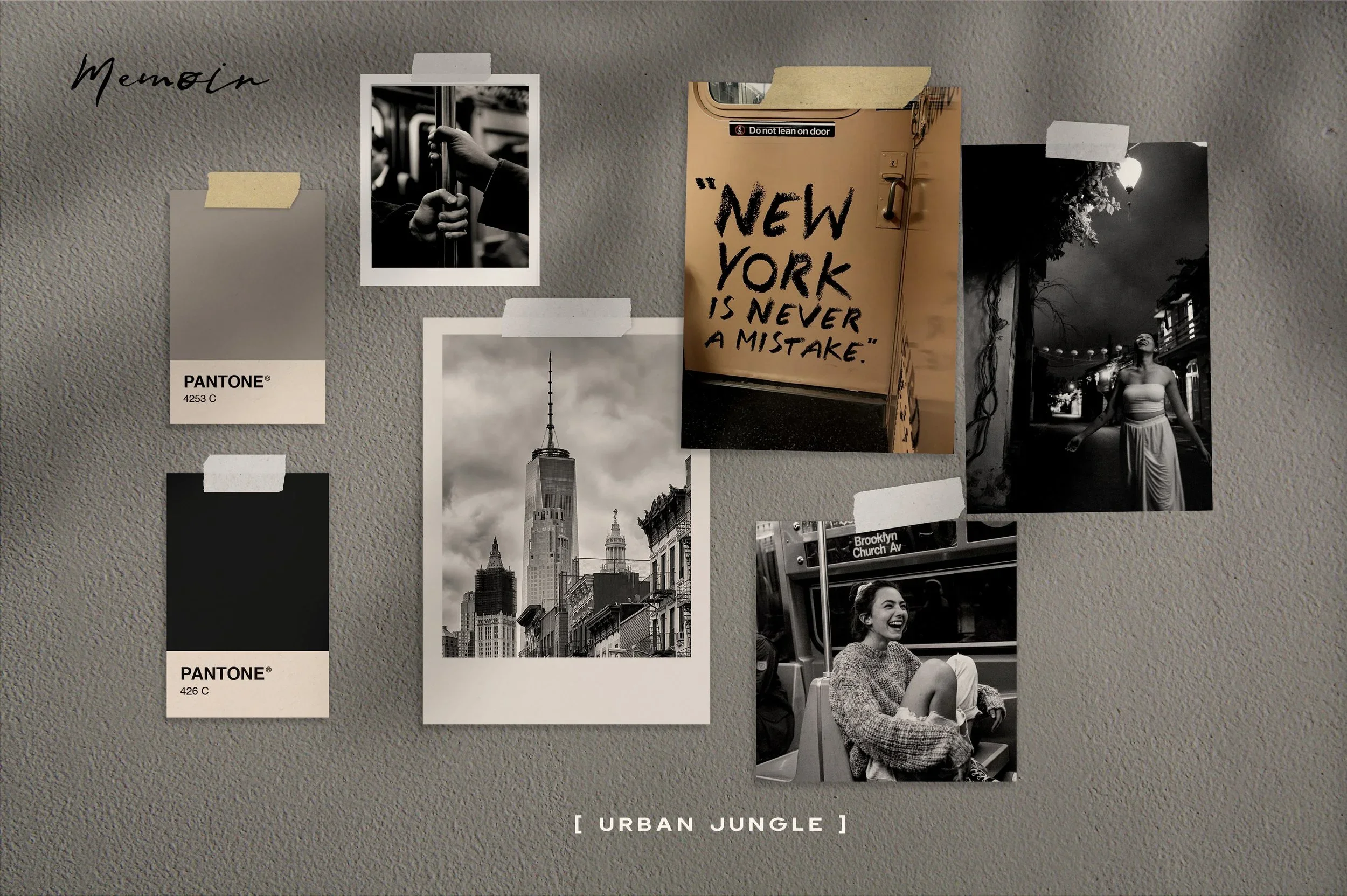 A collage of black and white photos and color swatches on a wall, with the words 'Urban Jungle' at the bottom, and various images including cityscapes, people, and a handwritten quote that says, 'New York is never a mistake.'