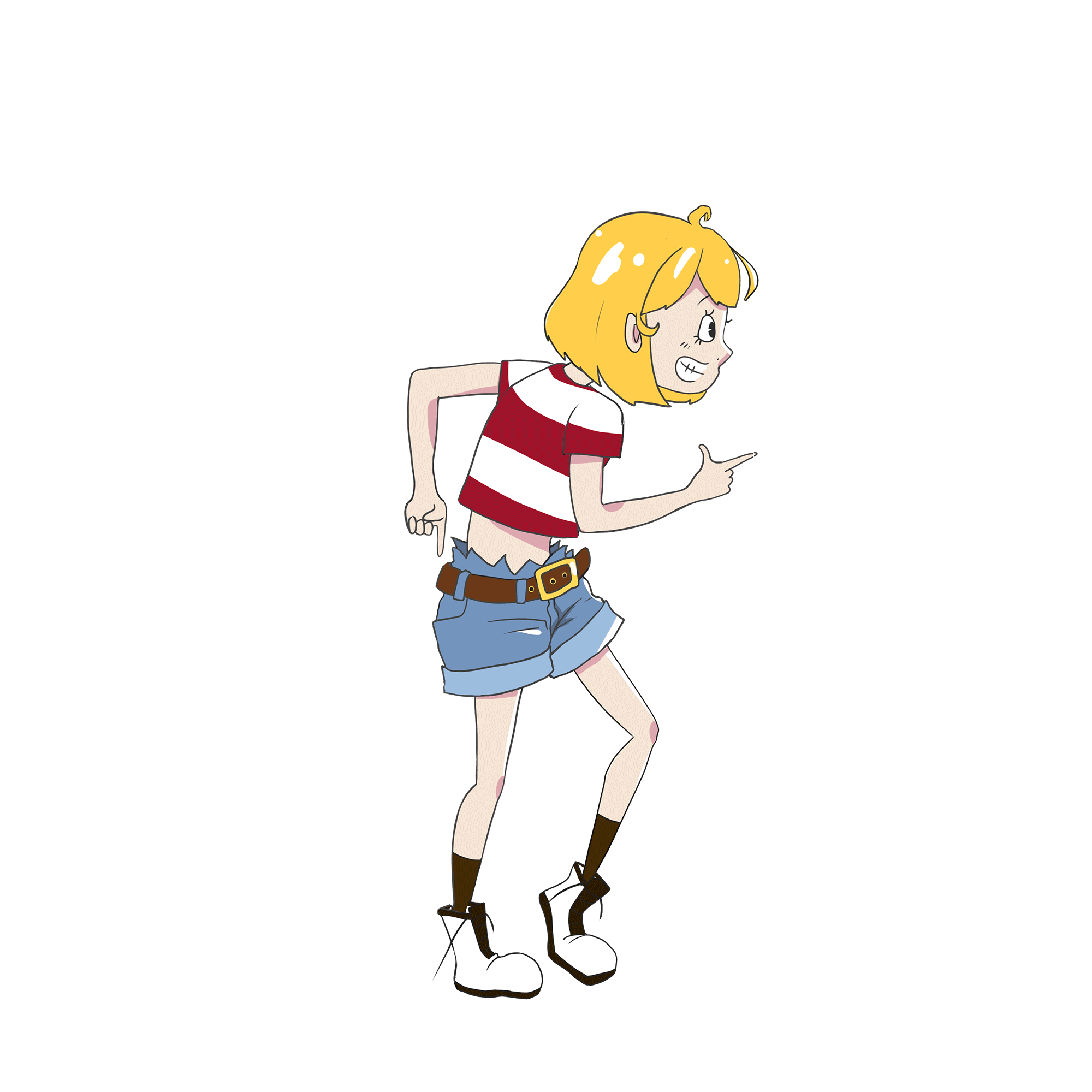 A cartoon girl with blonde hair tied in a ponytail, wearing a red and white striped shirt, blue shorts, and high-heeled shoes, standing on one leg and pointing forward.