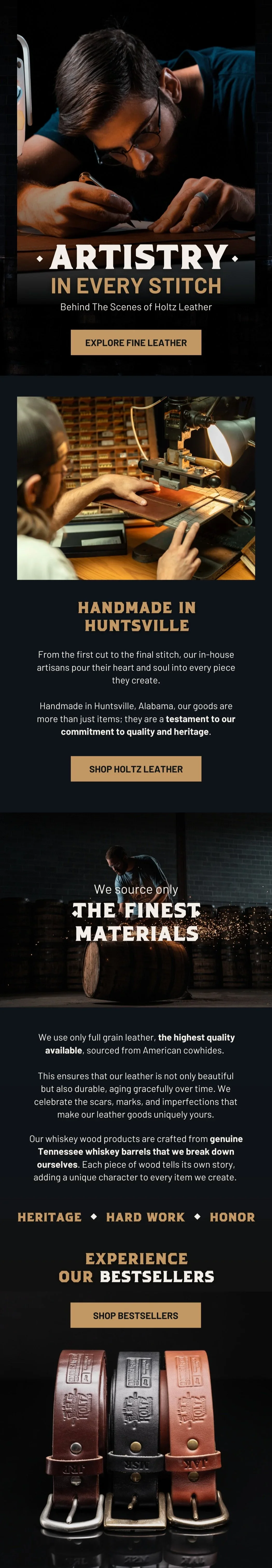 A vertical promotional infographic for Holtz Leather featuring images of craftsmen working on leather items, with text about their craftsmanship, materials, heritage, and products, including leather belts.