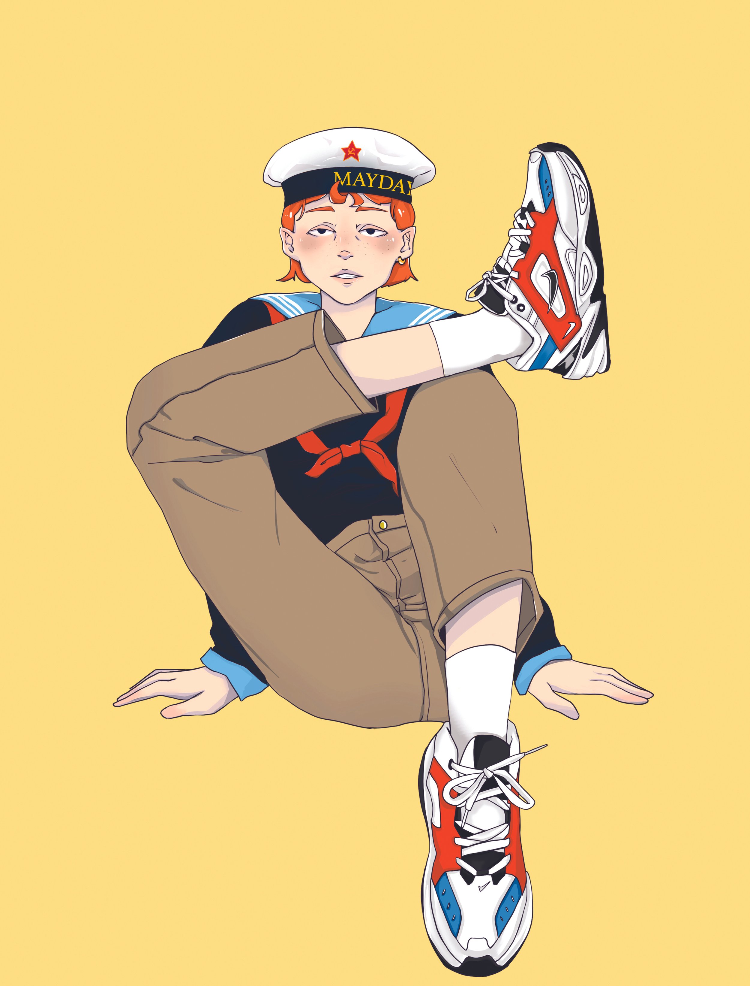 Anime-style illustration of a girl with orange hair, freckles, wearing a sailor-like school uniform with a white hat labeled 'MAYDAY', sitting with one leg extended and one hand on the ground, against a plain yellow background.