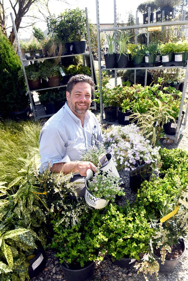 A man smiling at a garden store surrounded by various potted plants and flowers, holding a bucket of white flowers with pink accents.