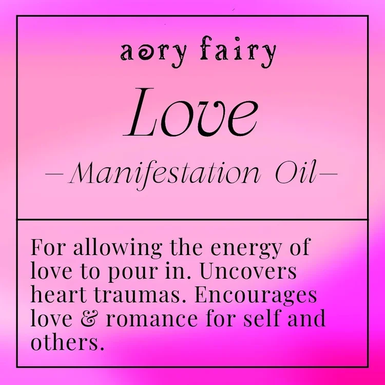 Pink and purple gradient background with black text describing a love manifestation oil, its purpose, and benefits.