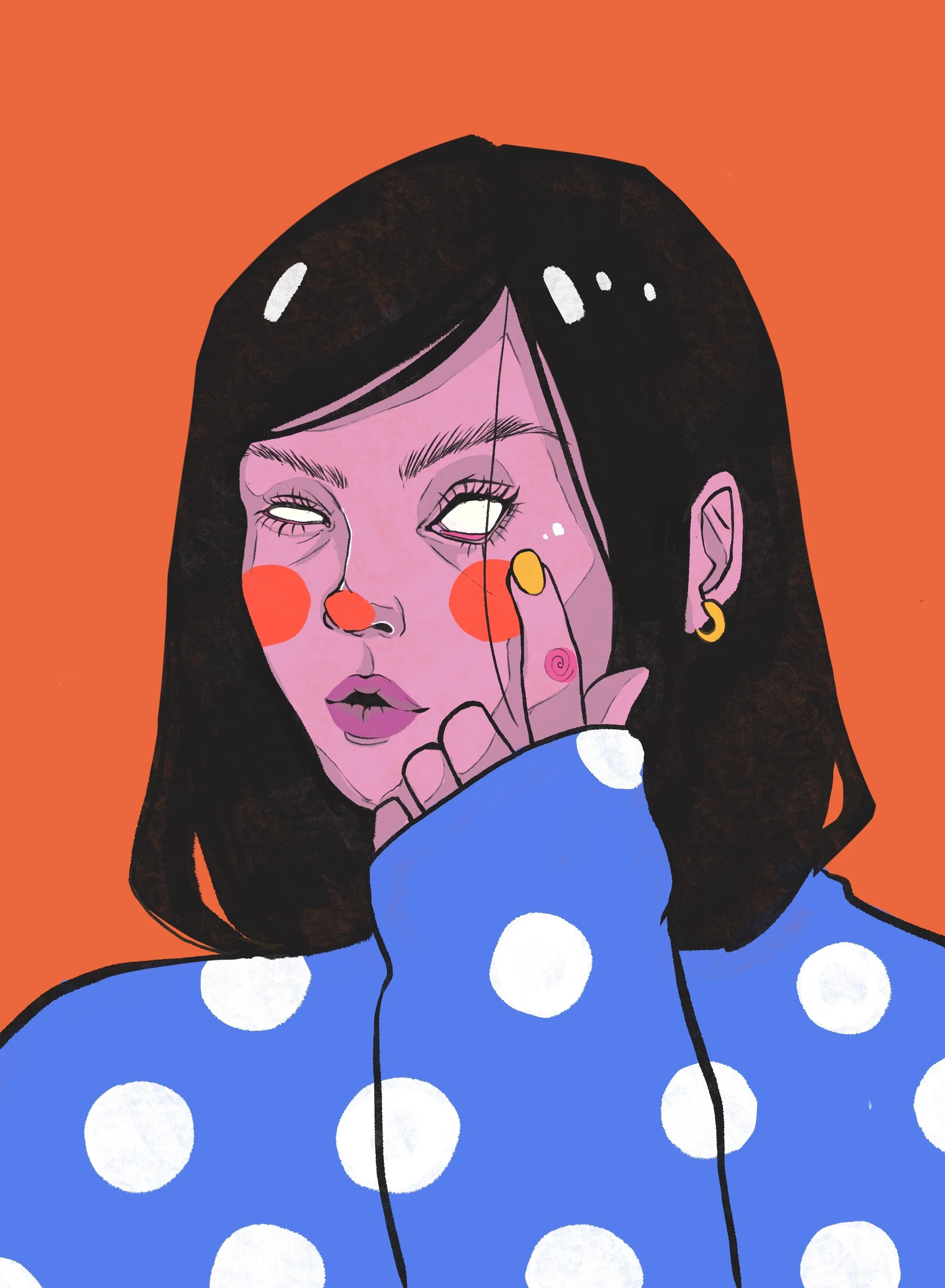Illustration of a woman with black hair, pink skin, red cheeks, and yellow earrings. She is wearing a blue sweater with large white polka dots and is touching her cheek with her finger. The background is orange.