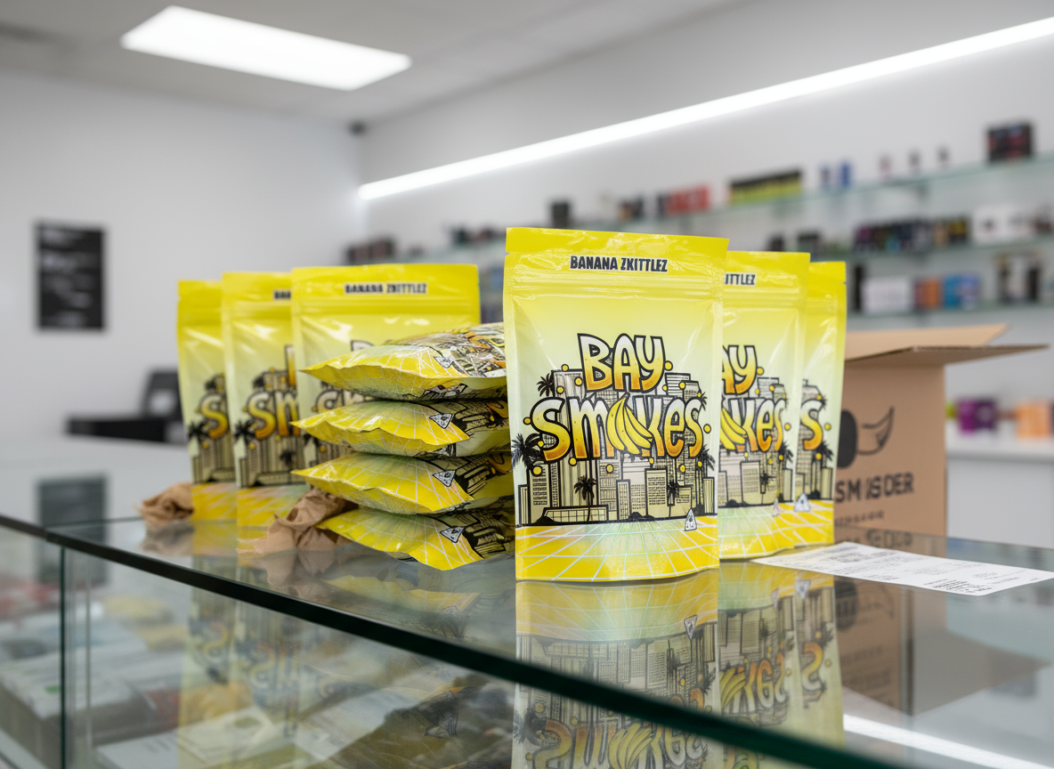 Multiple yellow packages of Bay Smokes banana zktittlez cannabis edibles on display on a glass counter in a retail store.