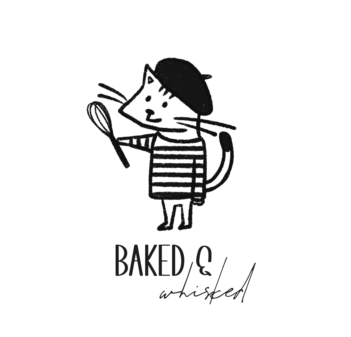 A black and white line drawing of a cat wearing a beret, striped shirt, holding a spoon, with the text 'Baked & Whisked' below.