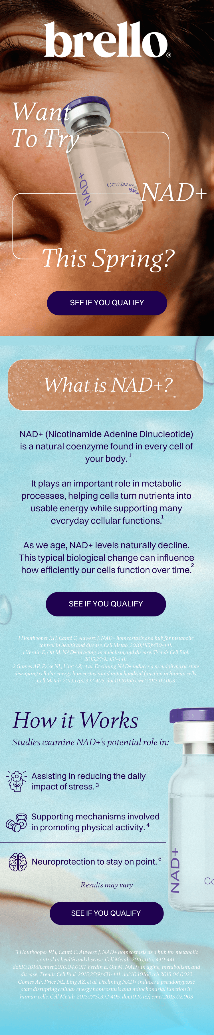 A promotional image for Brello features a close-up of a person’s face with a small medicine bottle labeled NAD+ held near their cheek. The background is light blue with purple accents, and the image includes text describing NAD+ and its benefits, along with buttons prompting viewers to see if they qualify.