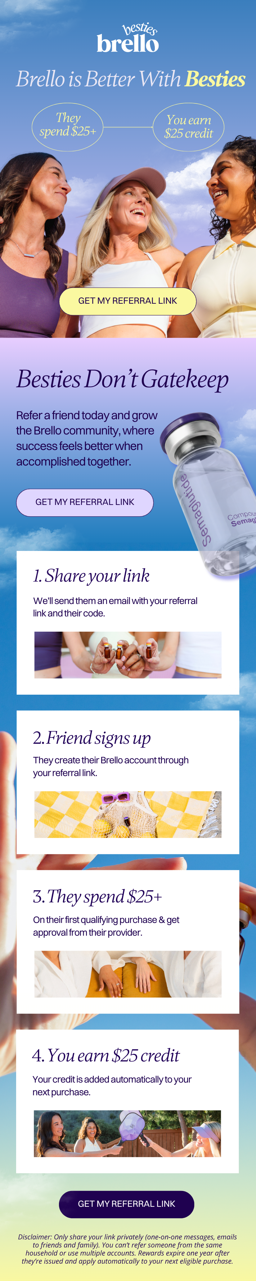 Promotional graphic featuring three women smiling outdoors with a blue sky and clouds background, advertising a referral program for Brello fitness community with steps to share a link, sign up friends, and earn credits.