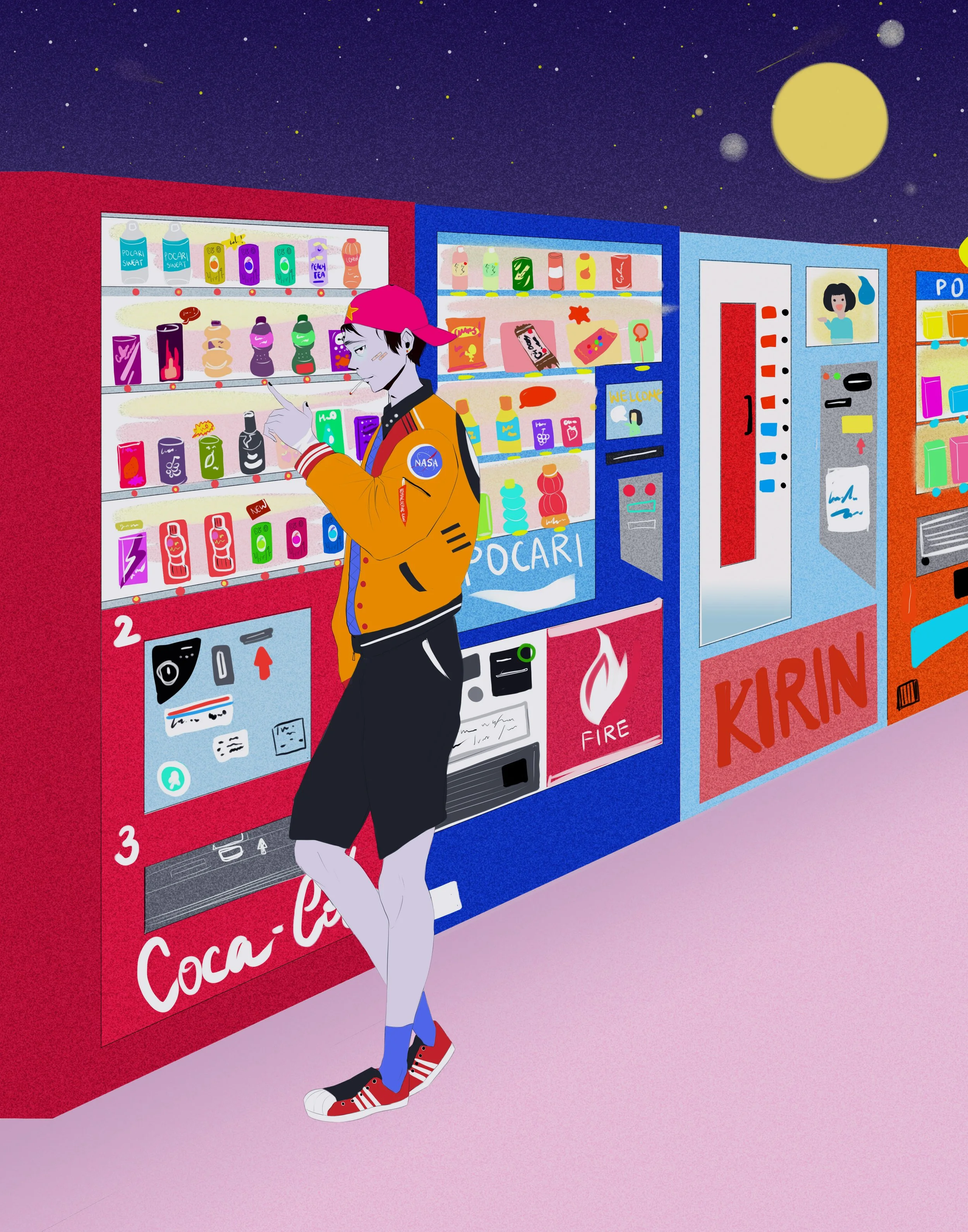 A person with a pink cap, black hair, wearing an orange jacket with NASA patches, black shorts, blue socks, and red and white sneakers stands in front of vending machines under a starry night sky with a full moon.