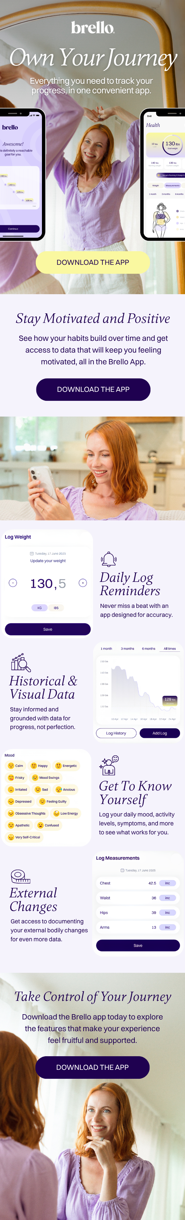A promotional vertical banner for the Brello app showing a smiling woman with red hair using her smartphone, emphasizing tracking progress, motivation, and personal health data with images of the app interface on phones and text encouraging download.