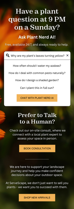 Pink and orange flowers in a garden scene with green foliage. Text overlay promoting plant questions and consultations, including options for chatting with Plant Nerd AI or booking a human consultation.