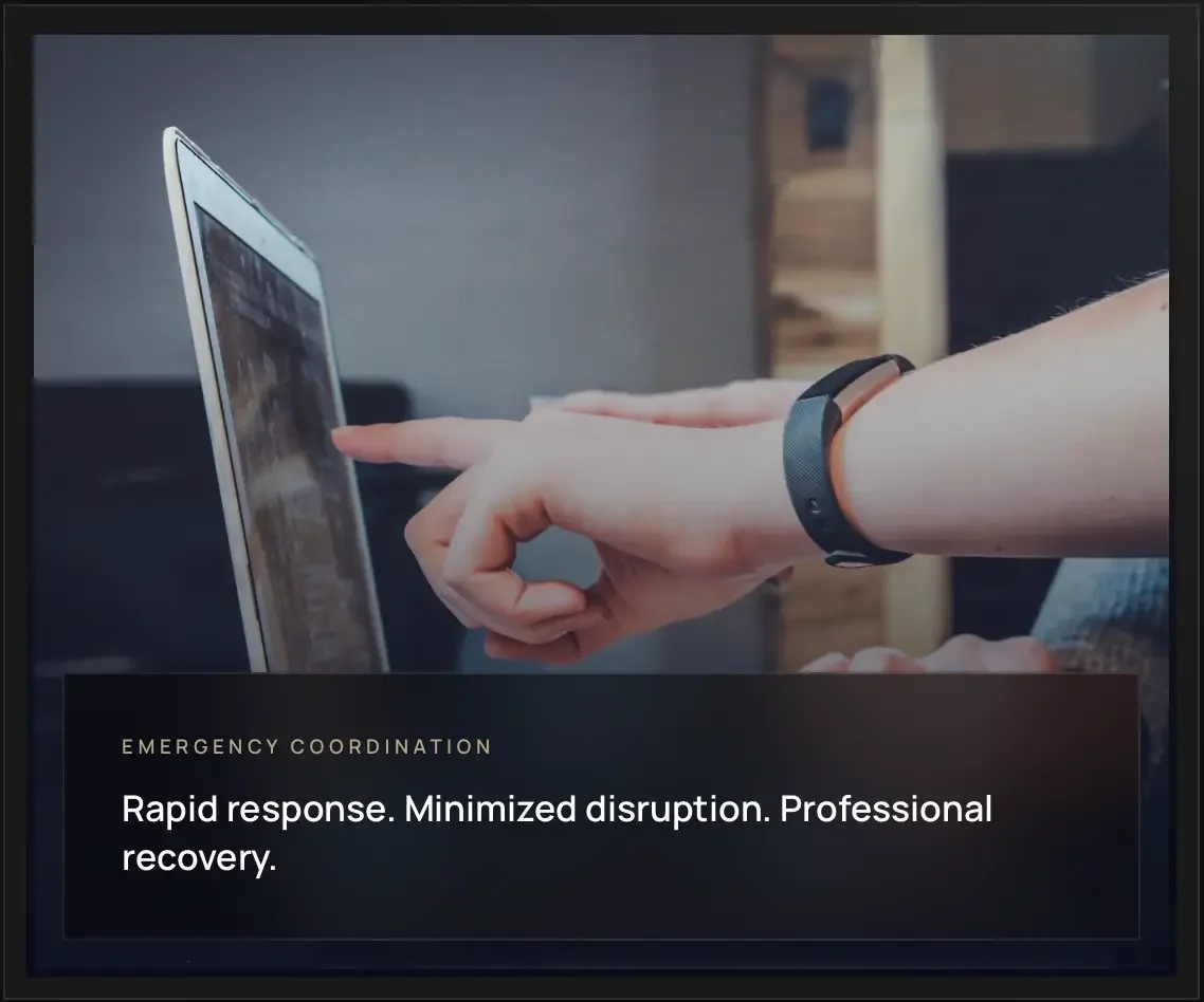 Person using a tablet with a black fitness tracker on their wrist, with text overlay about emergency coordination and professional recovery.