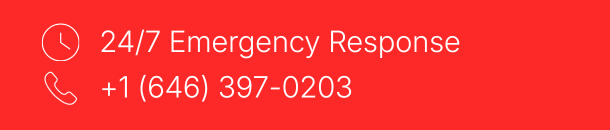 Red emergency response sign displaying 24/7 availability, emergency response icon, and contact number +1 (646) 397-0203.