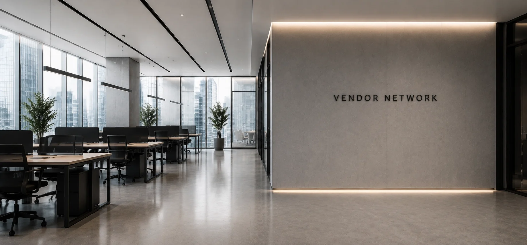Modern office interior with desks, chairs, large windows, and potted plants, with a sign on the wall reading 'Vendor Network'.