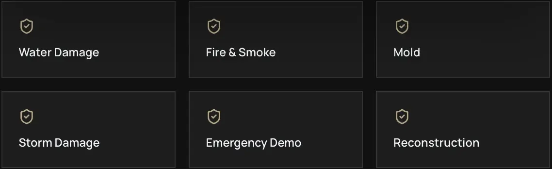 Icons representing various emergency situations: water damage, fire & smoke, mold, storm damage, emergency demo, and reconstruction.