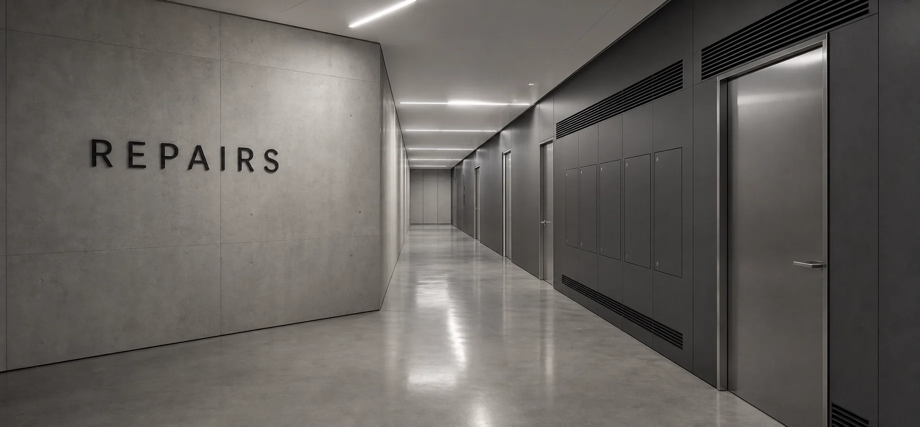 Modern hallway with concrete walls, gray lockers, and a sign that says 'REPAIRS' on the wall.