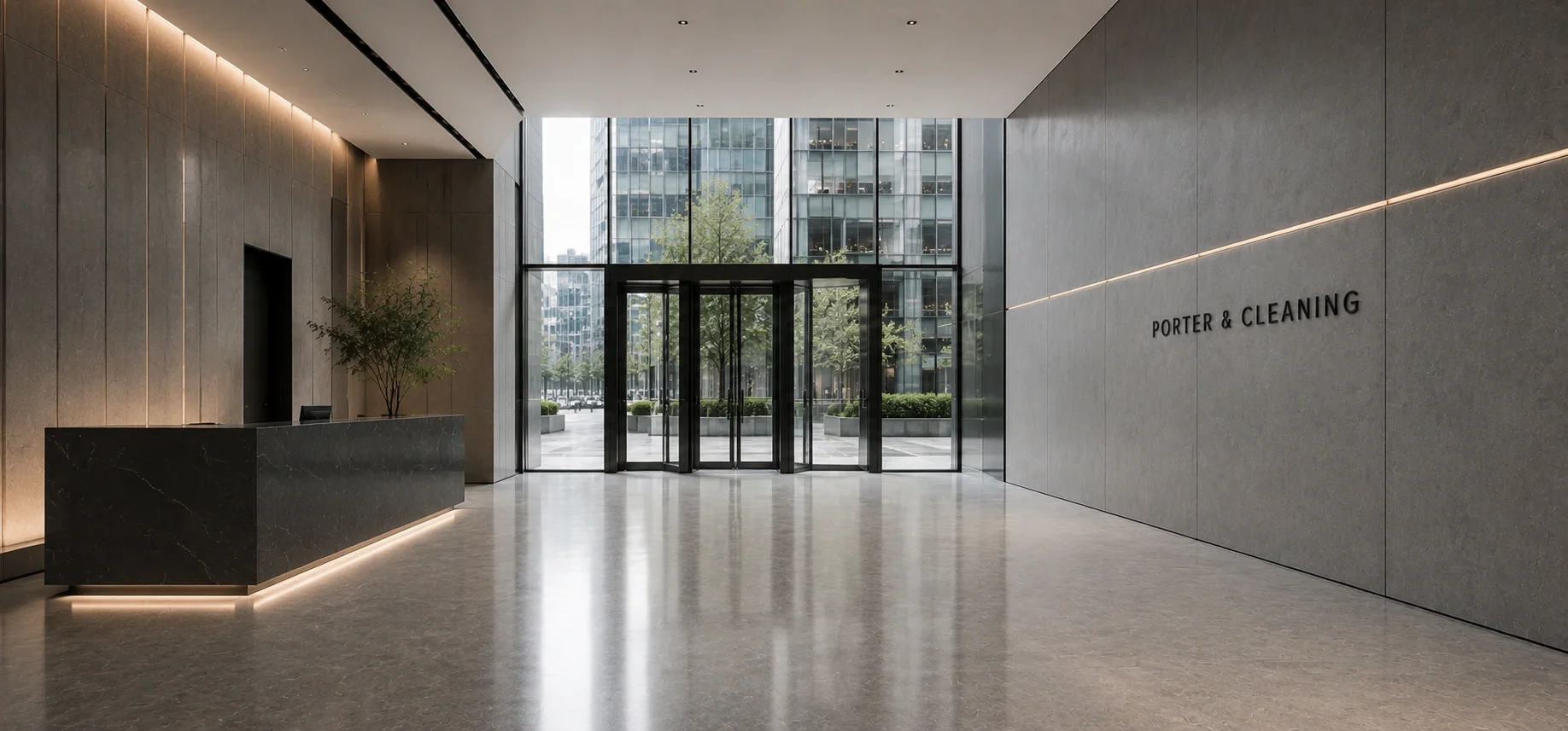 Modern office lobby with a reception desk, large glass windows showing buildings outside, and the sign 'Porter & Cleaning' on the wall.