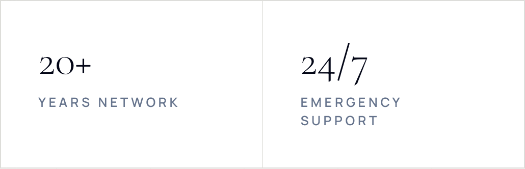 A graphic divided into two sections. The left section reads '20+ YEARS NETWORK' and the right section reads '24/7 EMERGENCY SUPPORT'.