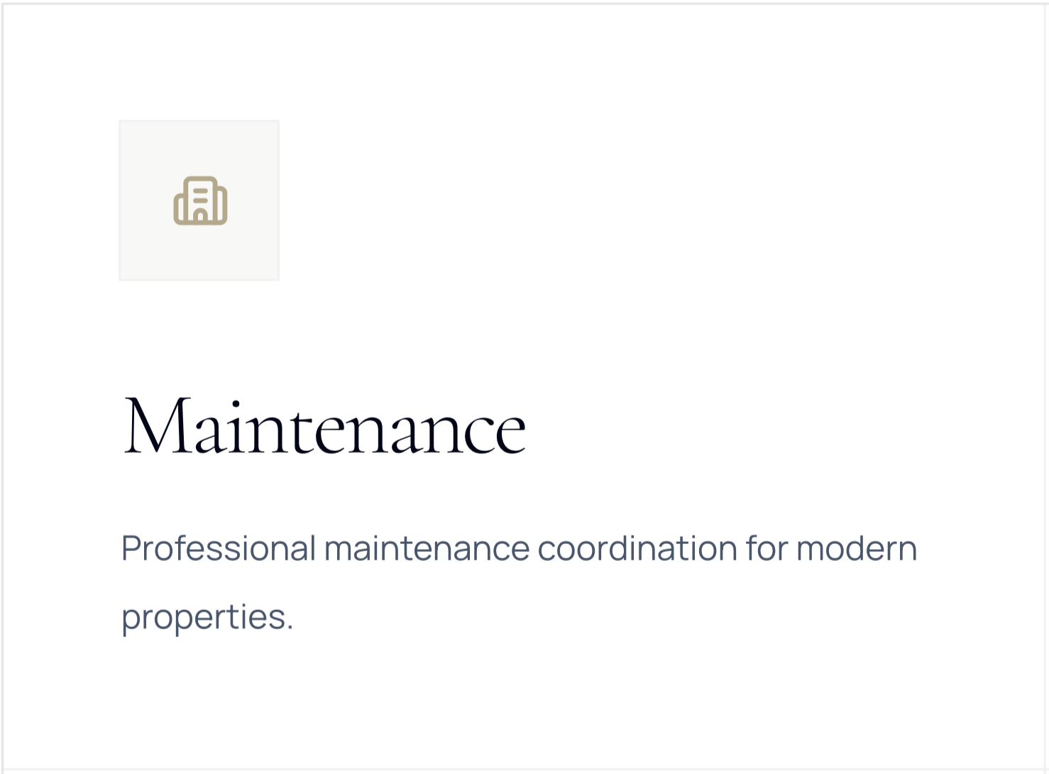 Cover slide with a minimalistic icon of a building with columns, the title 'Maintenance' in large text, and the subtitle 'Professional maintenance coordination for modern properties.'