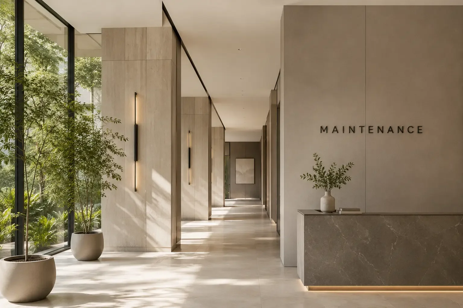 Modern building interior with beige walls, large windows showing greenery outside, and a reception desk with a vase of green foliage and books, labeled 'Maintenance'.