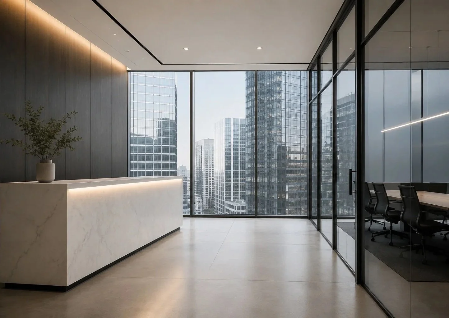 Modern office reception area with white marble counter, potted plant, dark wall paneling, large windows with city skyline view, and glass-walled conference room with black chairs.