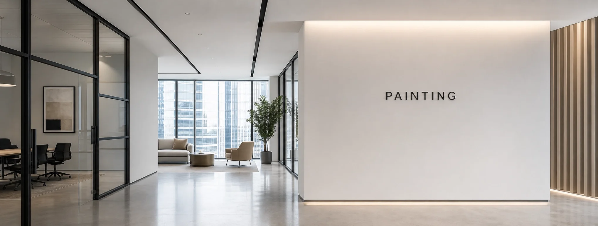 Modern office lounge area with large windows, seating, and potted plants. White wall with the word 'PAINTING' in black letters.