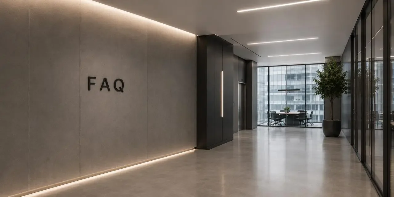 Modern commercial property management office lobby with FAQ wall, contemporary corporate interior, glass conference room, and professional workspace for building maintenance and vendor coordination services.