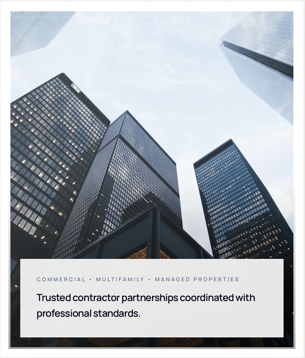 A low-angle view of tall glass skyscrapers in a city. The buildings are reflective and modern. Text overlay promoting commercial, multifamily, and managed properties, emphasizing trusted contractor partnerships and professional standards.