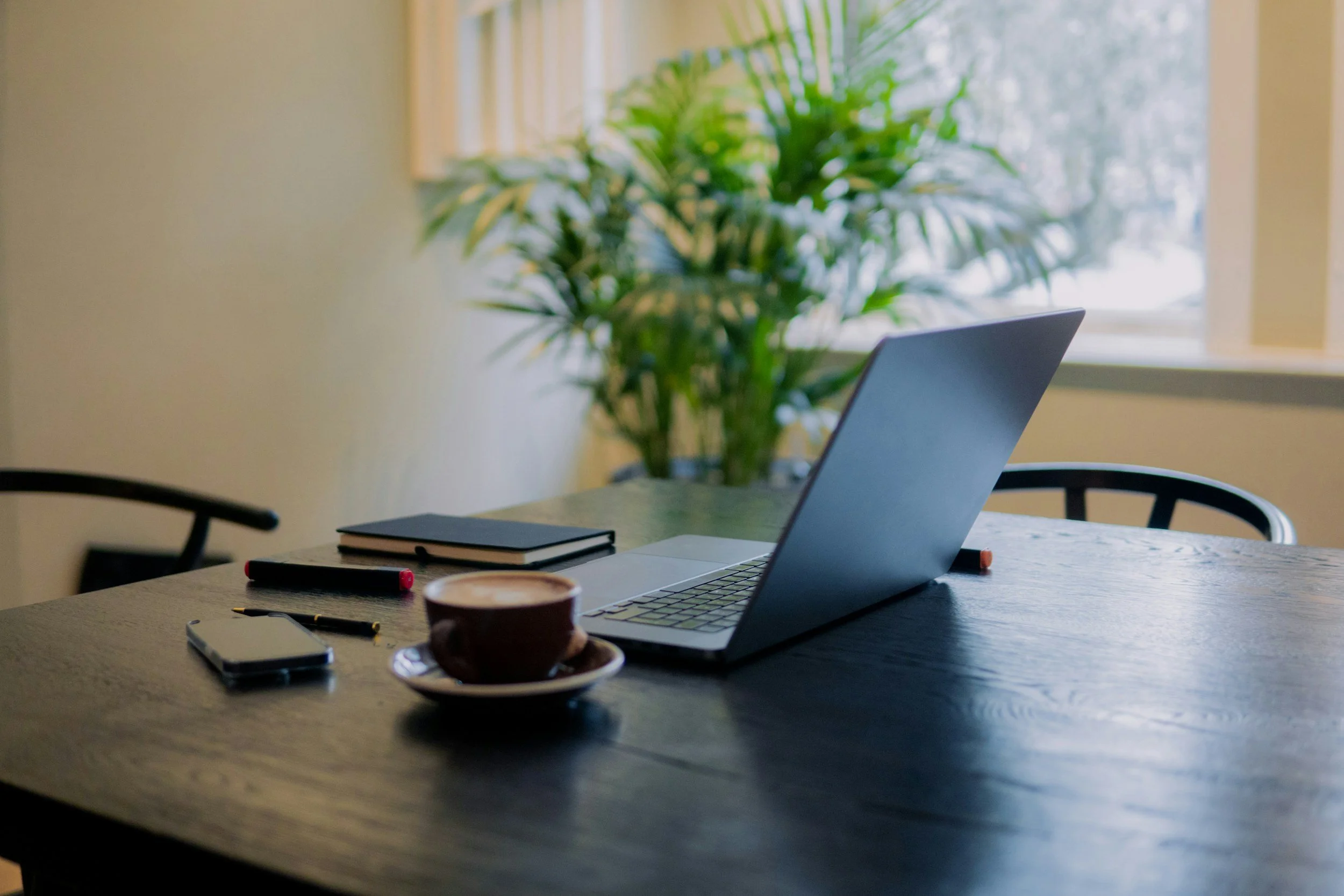 A wooden table with a laptop, a notebook, a smartphone, a pen, a coffee cup, and a pen, with a large green plant and a window in the background.