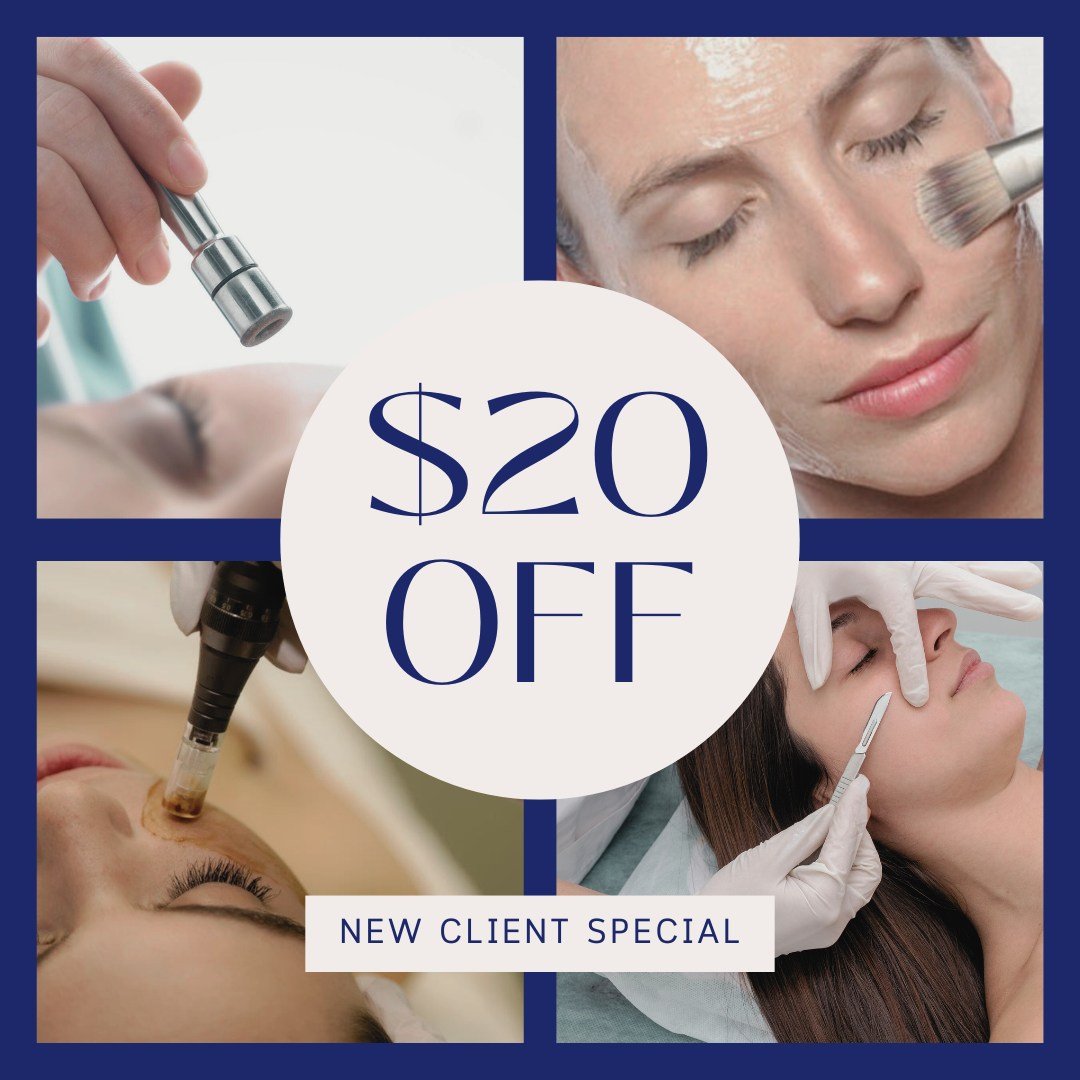 Healthy, radiant skin starts here. 💙 New clients receive $20 OFF their first treatment. Your best skin is just one appointment away.