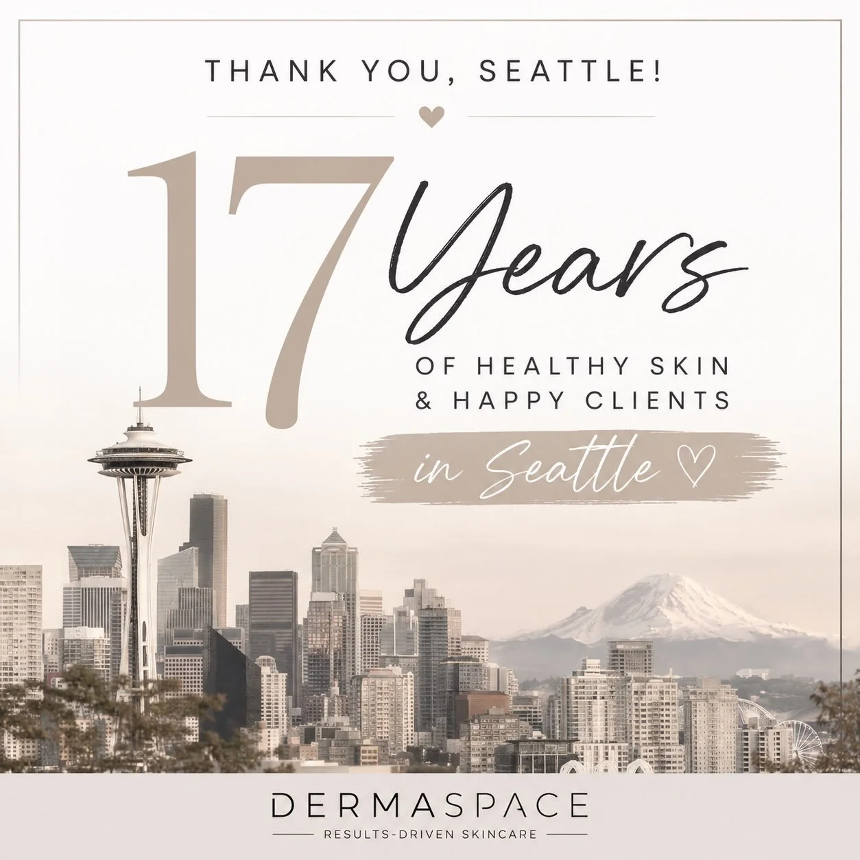 DERMASPACE is celebrating 17 years in Seattle! 💙

For 17 years, you&rsquo;ve trusted us with your skin, referred your friends and family, and allowed us to do what we love every day. 

We truly couldn&rsquo;t have done it without you.

As our way of