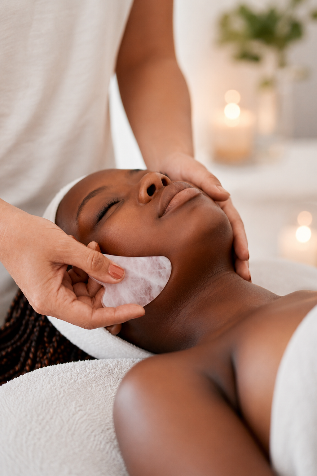 A woman receives a facial massage with a cotton pad while lying on a massage table in a spa setting.