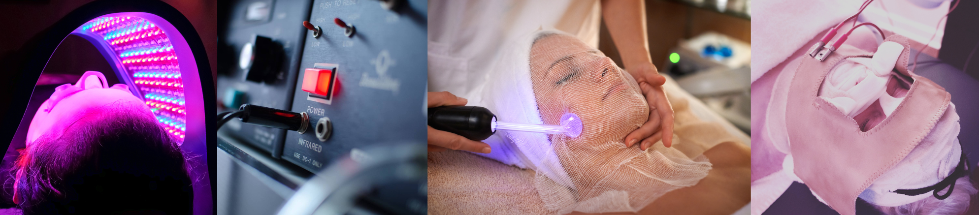 Series of images showing a person undergoing a LED light therapy, an infrared treatment device, a medical procedure with a laser or light device, a facial treatment with a mesh mask, and medical equipment or supplies.