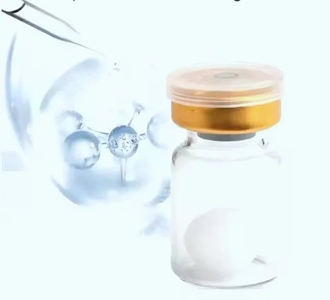 A medicine vial with a gold cap next to a clear vial with a cap, set against a white background with a molecular structure graphic.