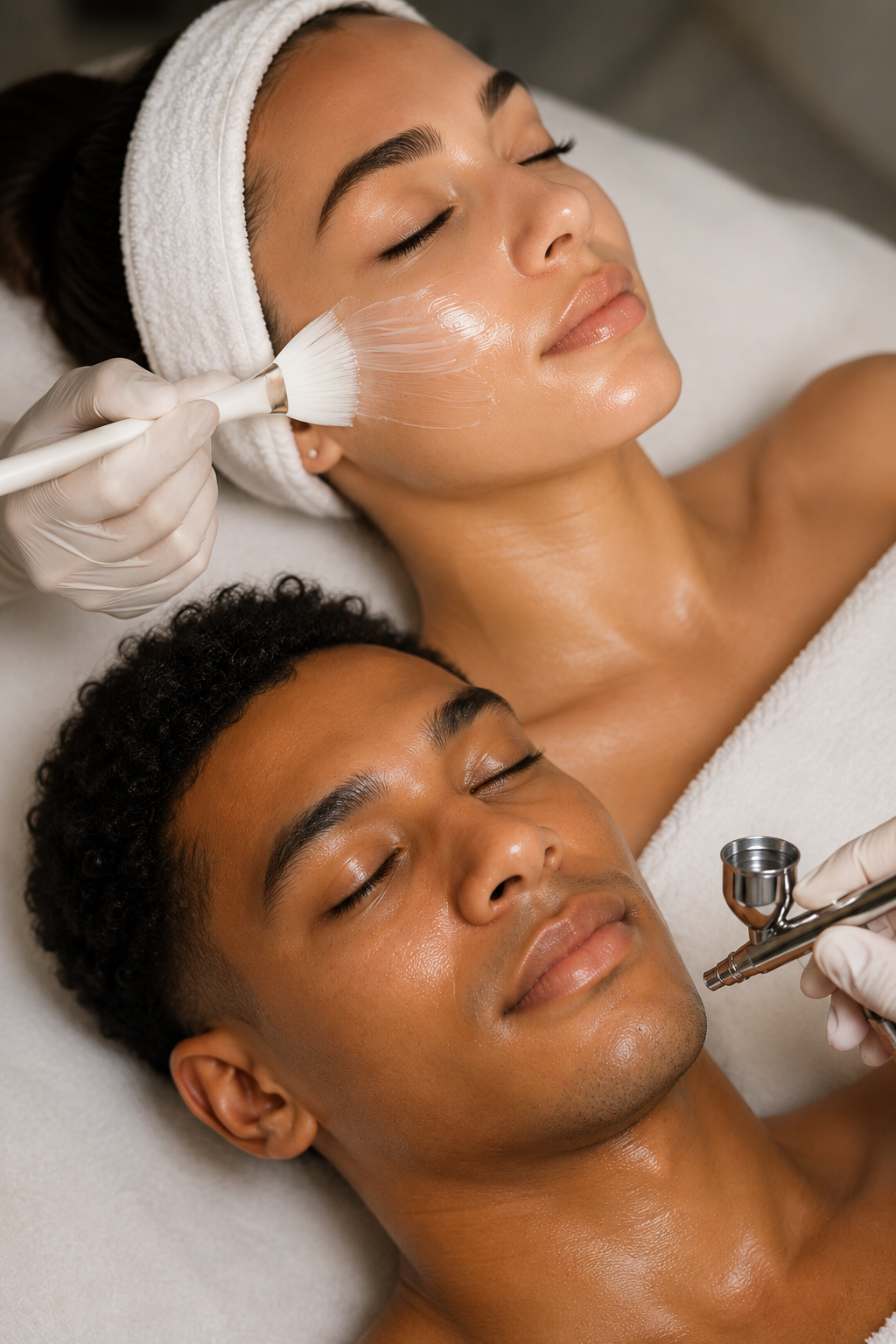 A woman receiving a facial treatment with a brush on her cheek, while a man lies next to her with his eyes closed, getting a similar skincare treatment.