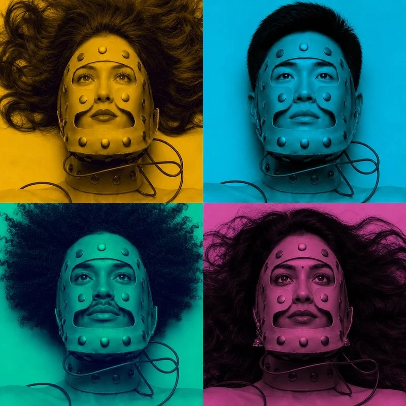 Photo of diverse people with a metal galvanic mask each with different colored backgrounds and filters: top left with yellow background, top right with blue, bottom left with teal, and bottom right with pink, all looking upward.