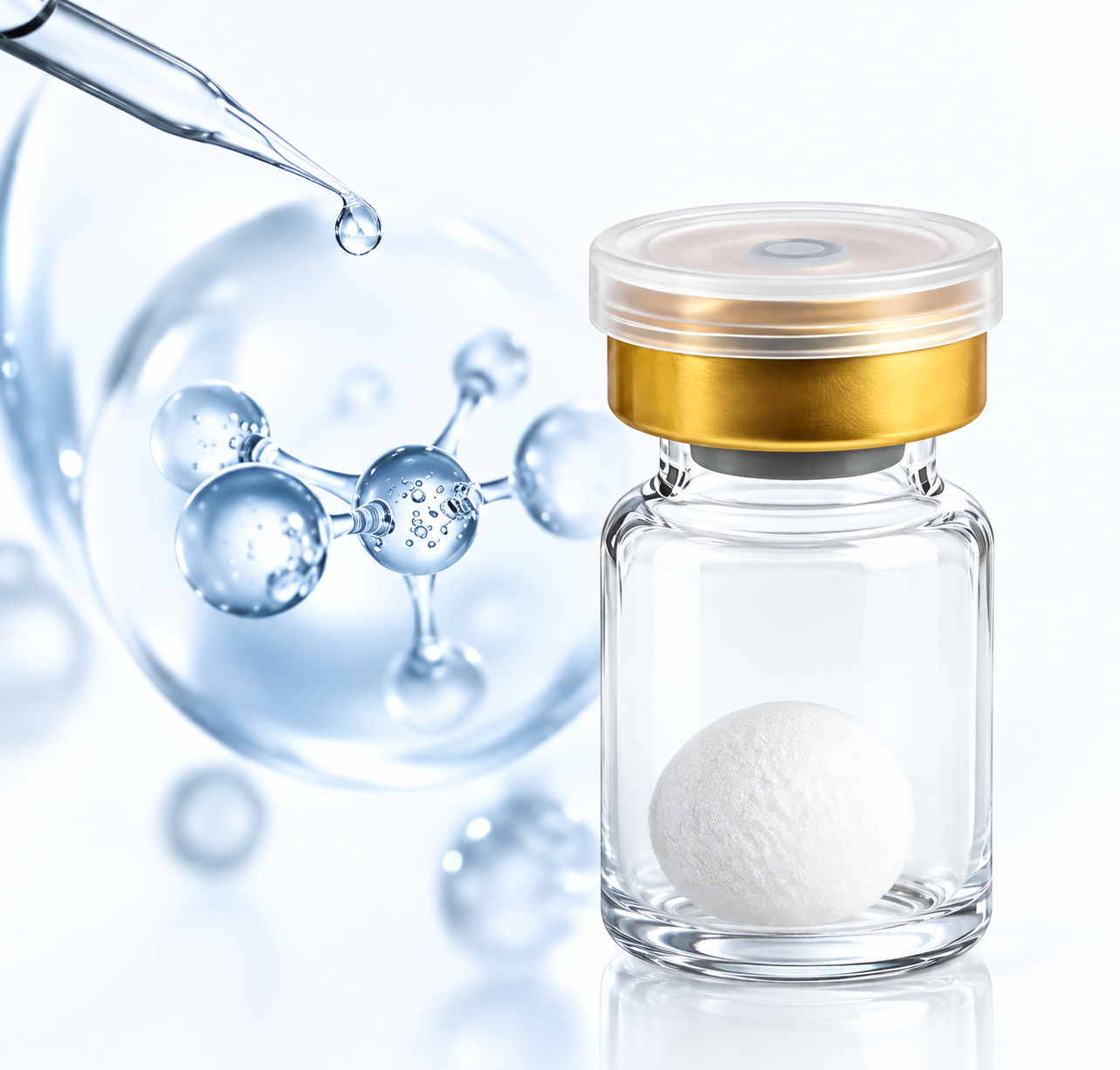 A glass vial with a white spherical pill inside and a gold lid, set against a background featuring a molecular structure.