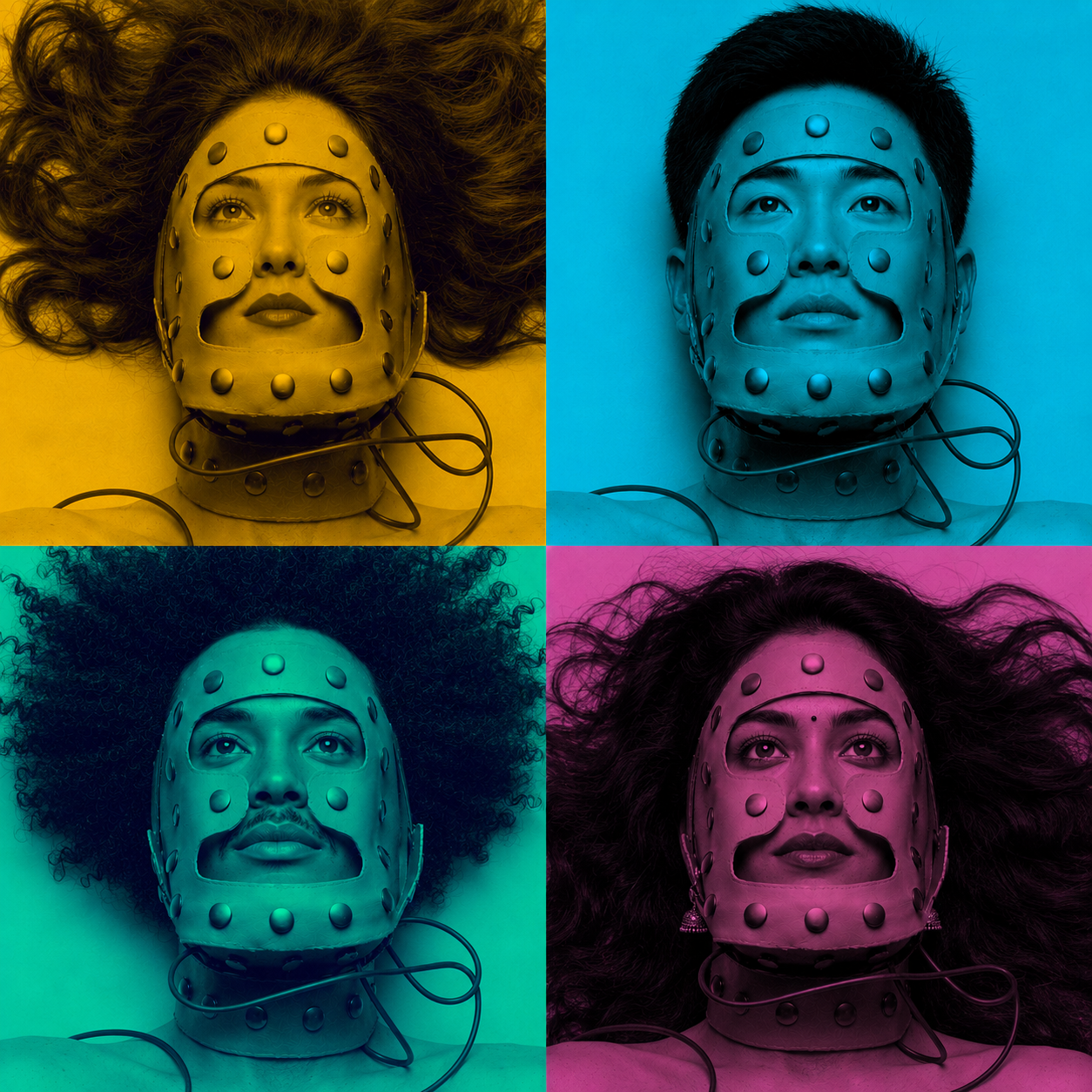 Four women and one man, each wearing a metal face mask with holes and a wire, are shown in a pop art style with different color filters: yellow, blue, teal, and magenta