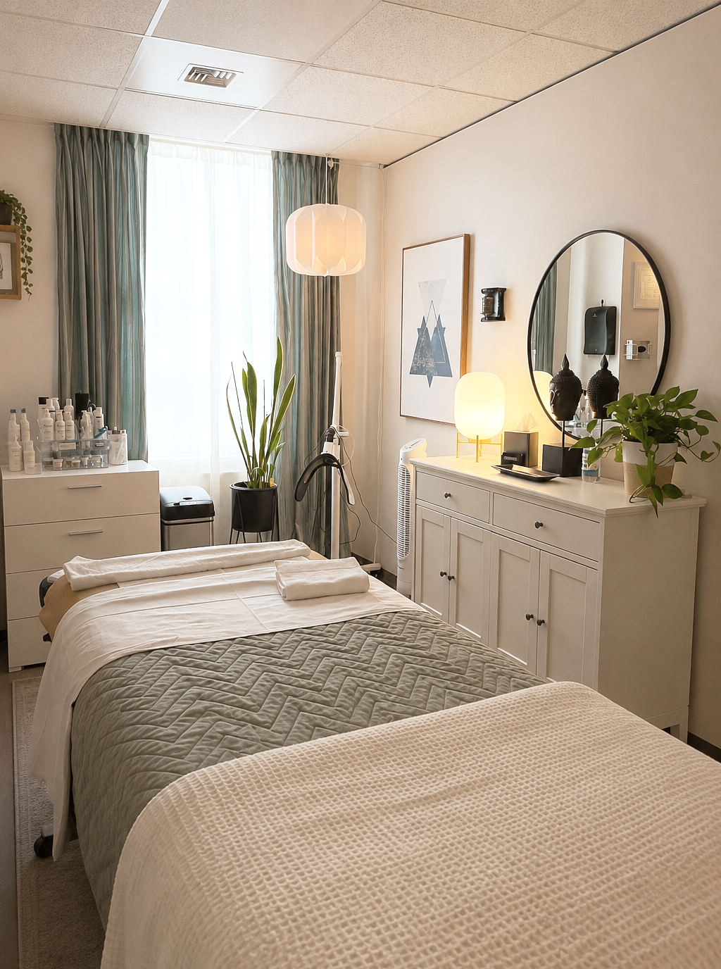 A cozy massage or treatment room with a massage table, potted plants, a dresser with a mirror, and decorative Buddha heads.