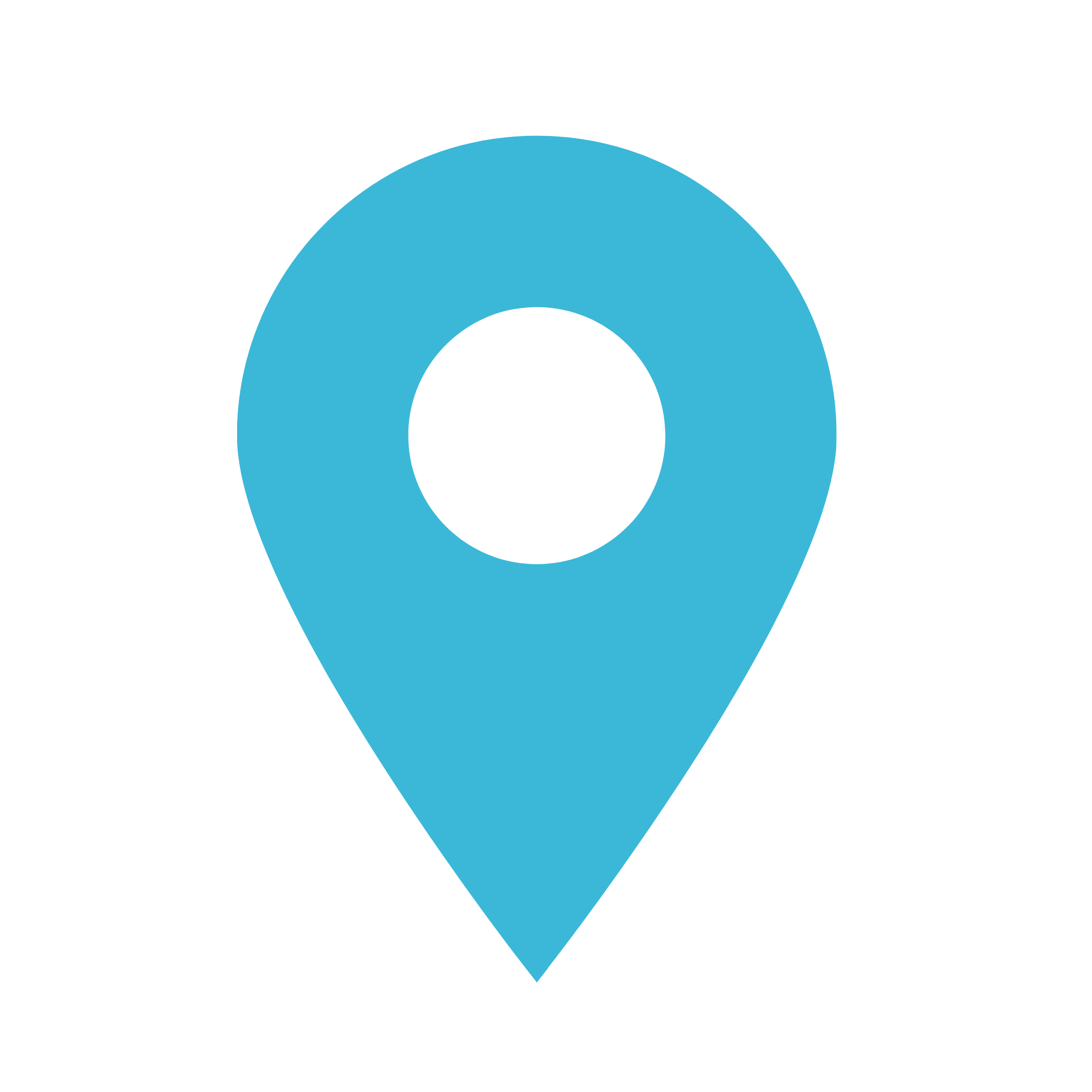 A blue map pin icon with a circular top and a pointed bottom set against a black background.