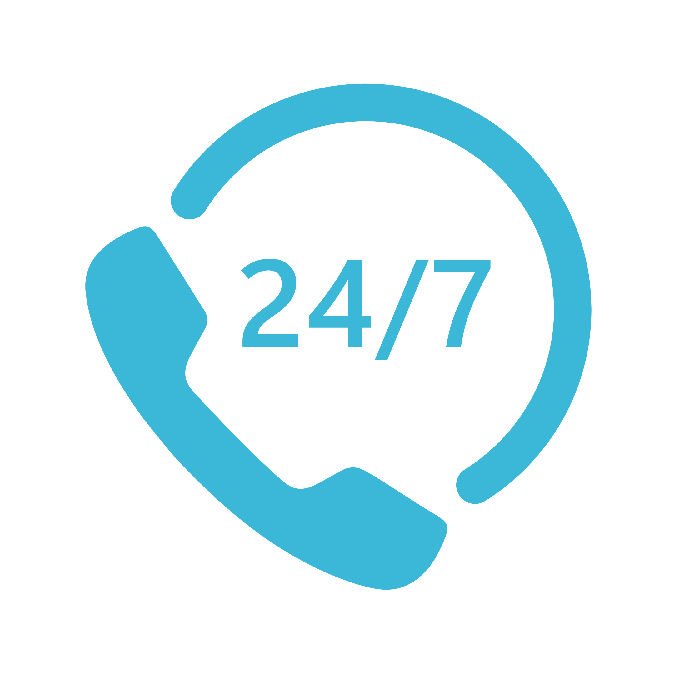 Icon of a light blue circular arrow with the text "24/7" in the center, on a black background.