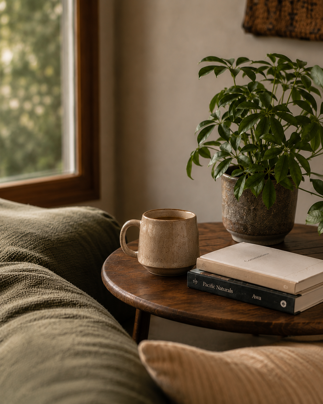 A cozy living space corner with a wooden side table holding a ceramic mug, a large potted plant, and two stacked books, beside a sofa with textured fabric upholstery, near a window with a green outdoor view.