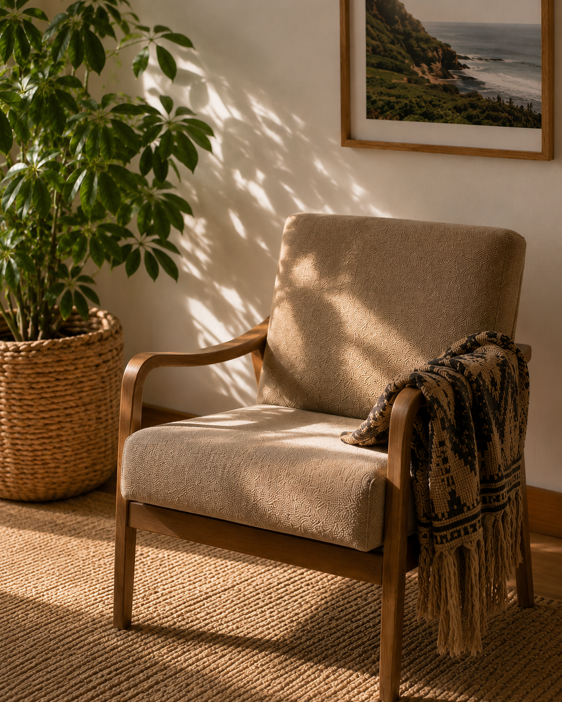 A cozy armchair with a patterned beige fabric, a blanket draped over one arm, next to a large potted plant with green leaves in a woven basket, on a jute rug. Sunlight creates shadows on the wall and chair. A framed coastal landscape photograph hangs on the wall.